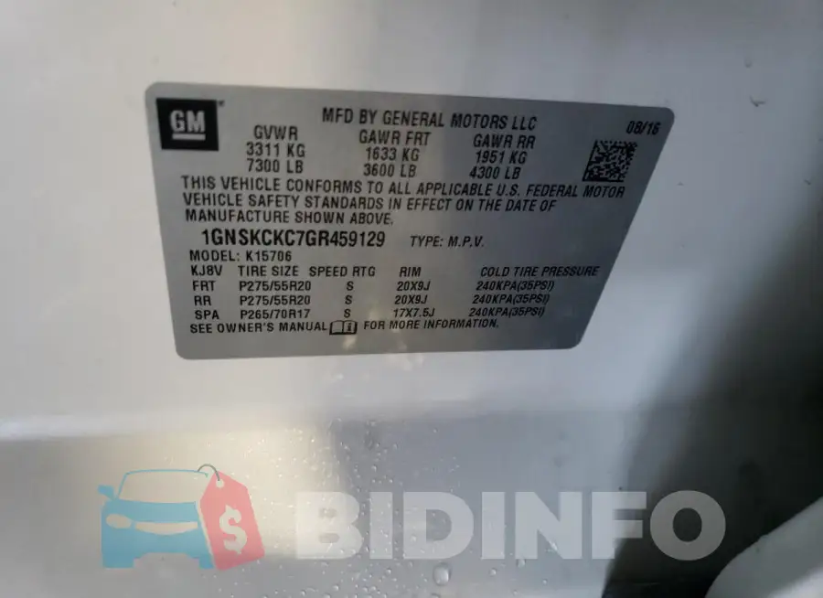 1GNSKCKC7GR459129 Photo# 12