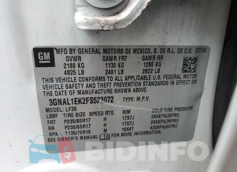 3GNAL1EK2FS523072 Photo# 13
