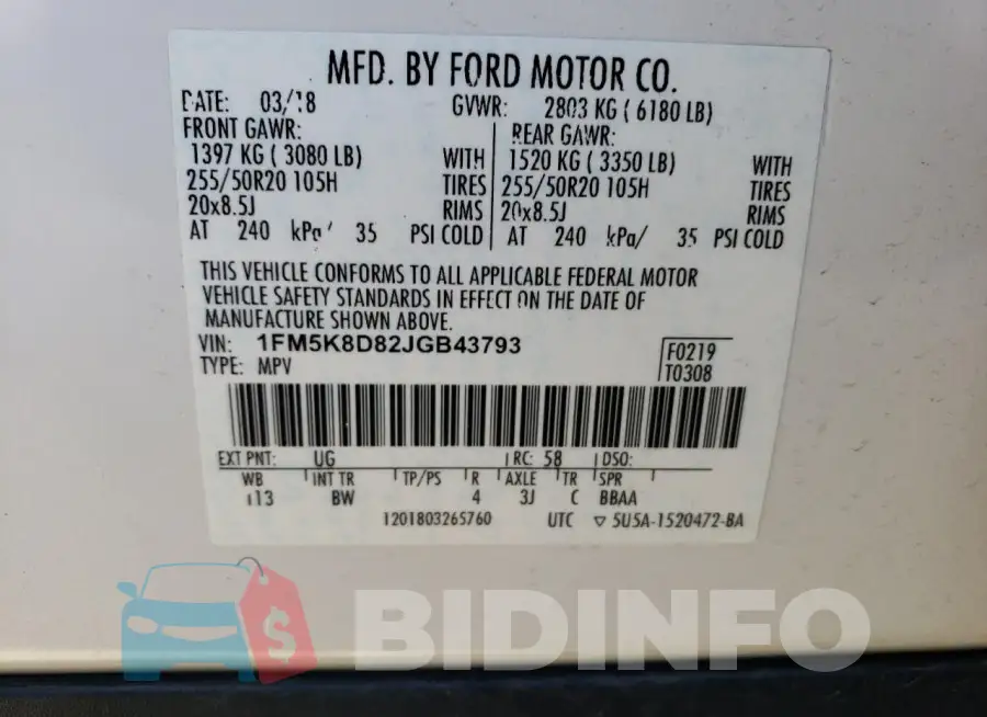 1FM5K8D82JGB43793 Photo# 13