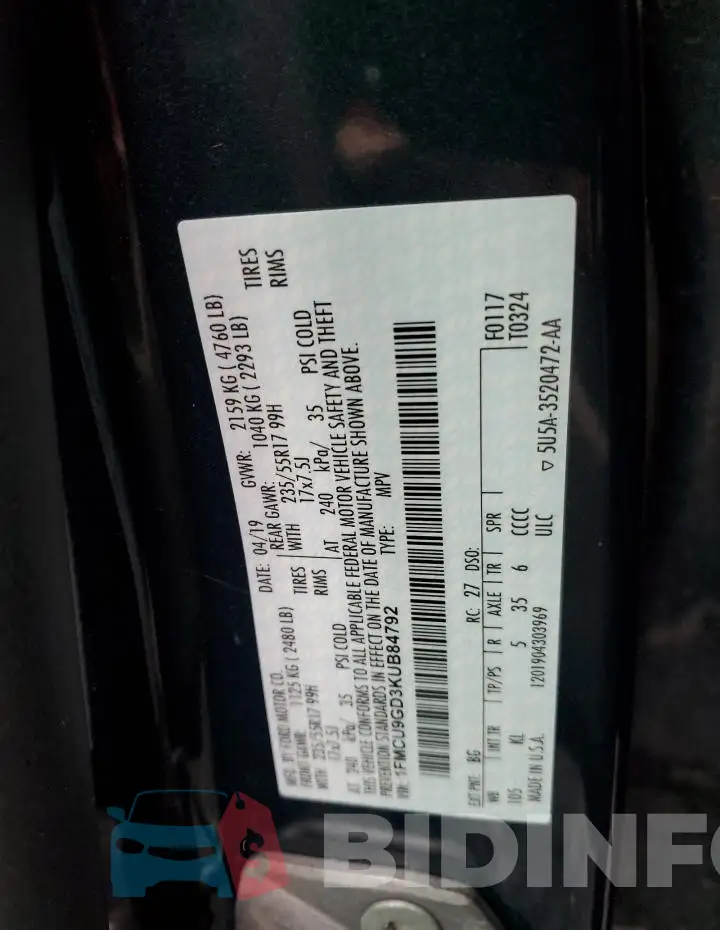 1FMCU9GD3KUB84792 Photo# 13