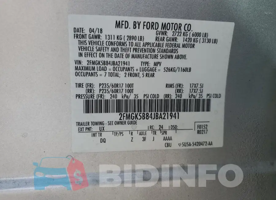 2FMGK5B84JBA21941 Photo# 13