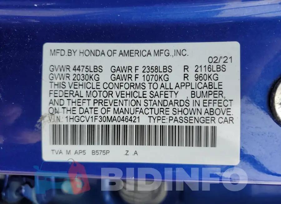 1HGCV1F30MA046421 Photo# 12