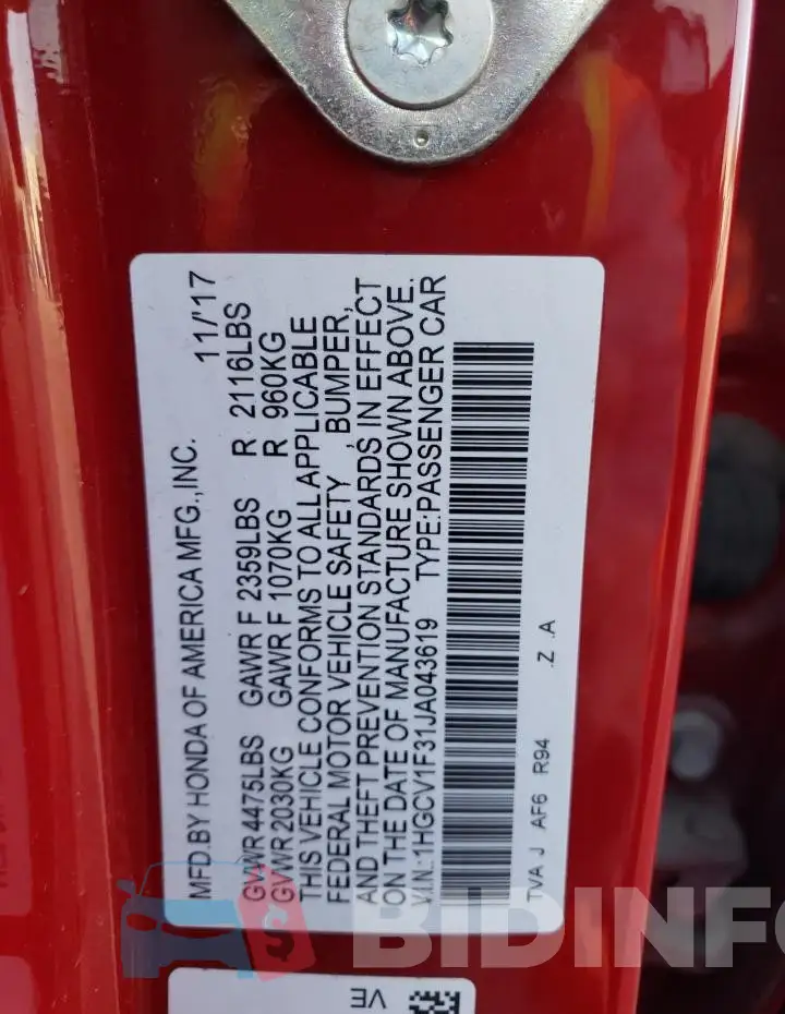 1HGCV1F31JA043619 Photo# 13