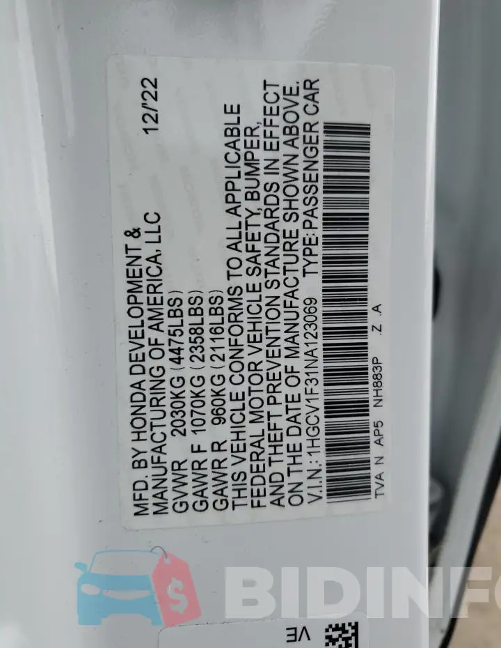 1HGCV1F31NA123069 Photo# 12
