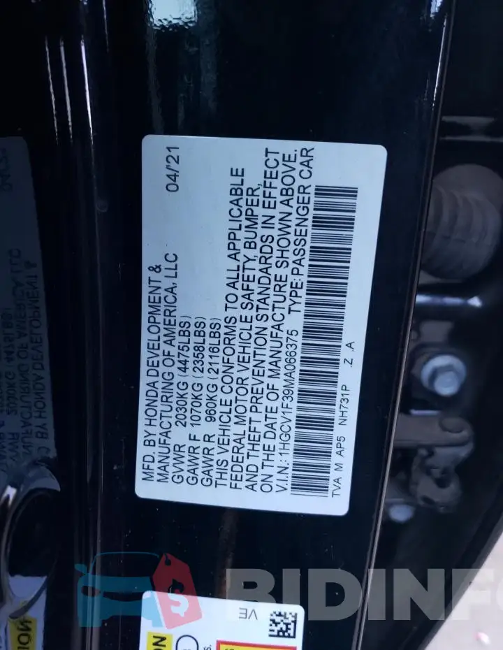 1HGCV1F39MA066375 Photo# 12