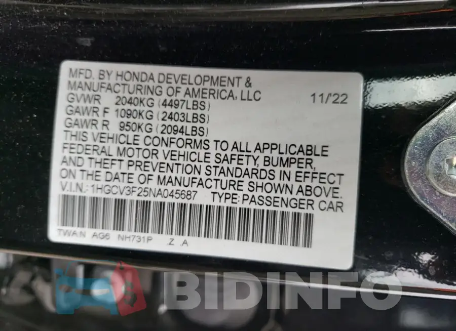 1HGCV3F25NA045687 Photo# 12