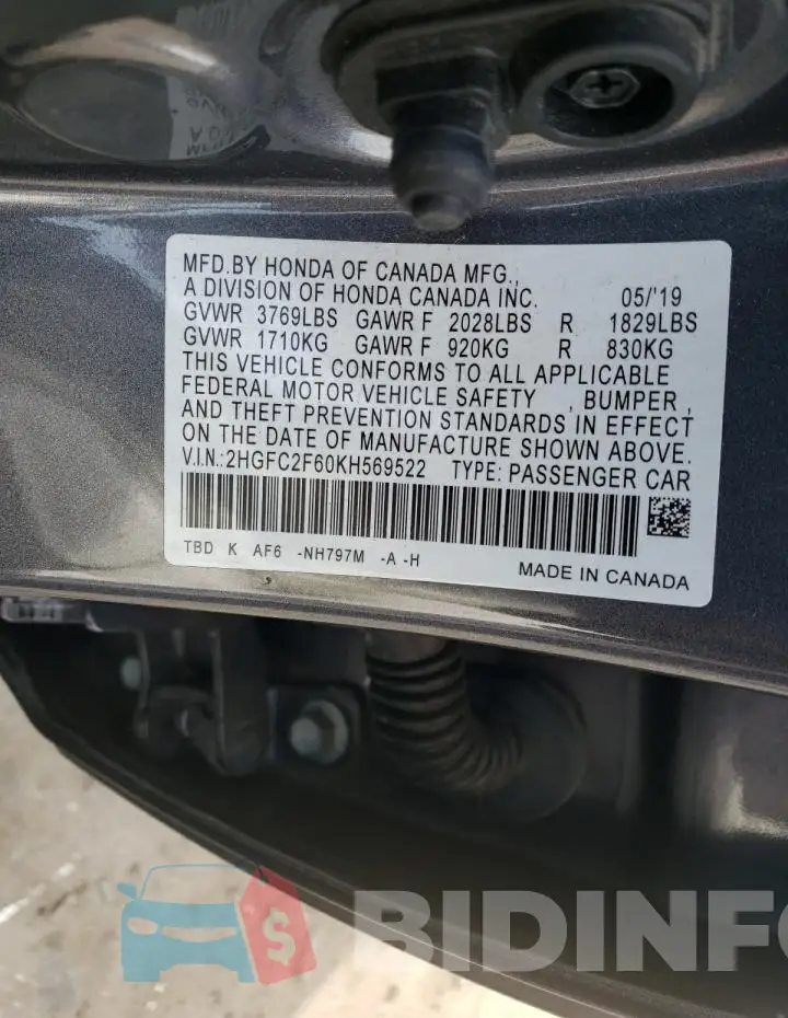 2HGFC2F60KH569522 Photo# 12