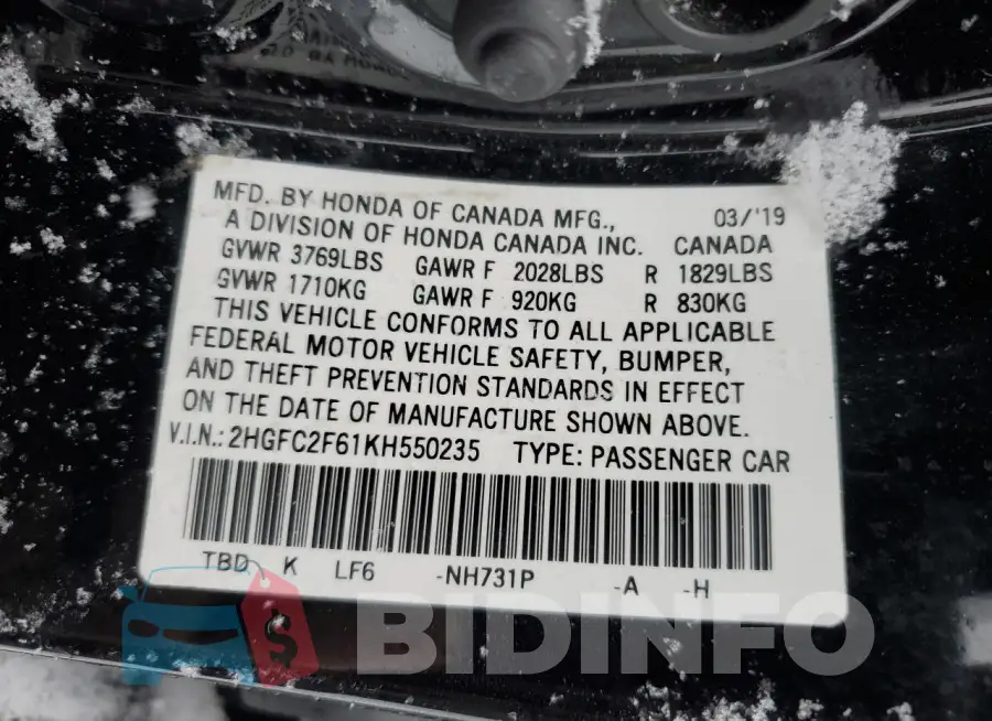 2HGFC2F61KH550235 Photo# 13