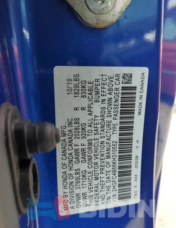 2HGFC4B66KH310552 Photo# 12