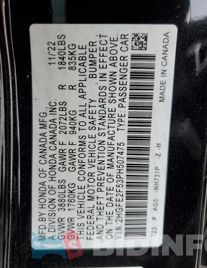 2HGFE2F53PH507475 Photo# 13