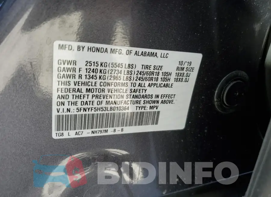 5FNYF5H53LB010364 Photo# 12