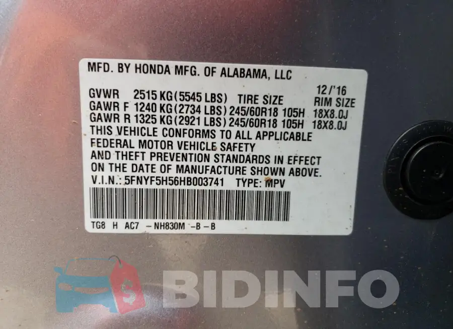 5FNYF5H56HB003741 Photo# 14