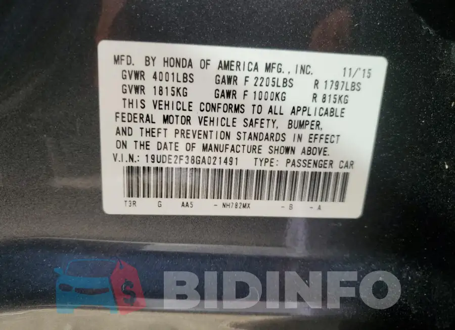 19UDE2F38GA021491 Photo# 12