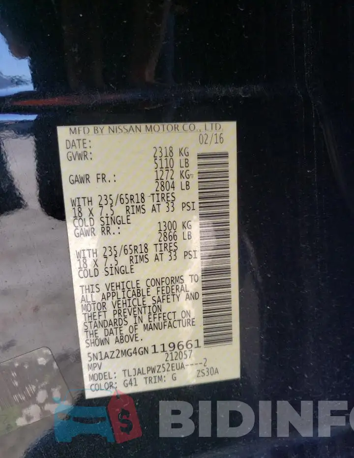 5N1AZ2MG4GN119661 Photo# 14
