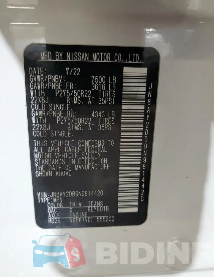 JN8AY2DB9N9814420 Photo# 14