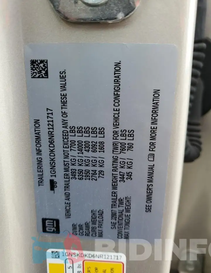 1GNSKDKD6NR121717 Photo# 12