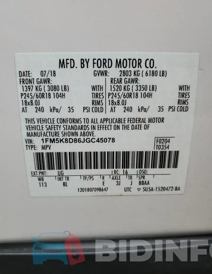 1FM5K8D86JGC45078 Photo# 13