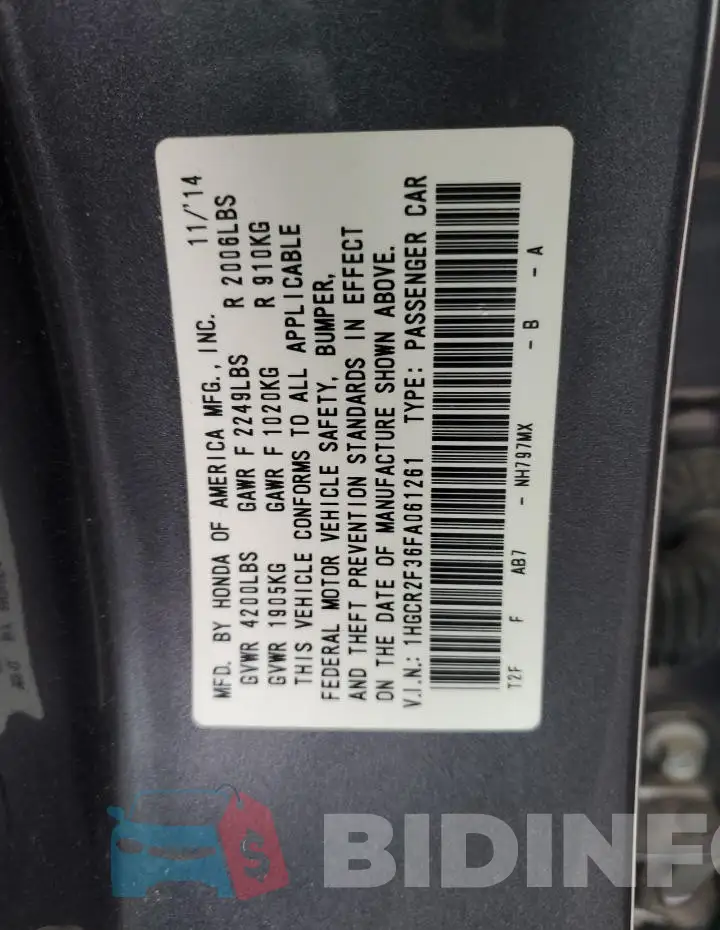 1HGCR2F36FA061261 Photo# 13