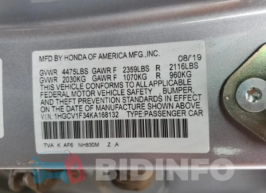 1HGCV1F34KA168132 Photo# 13