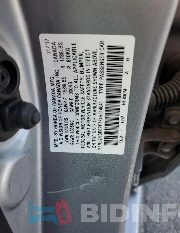 2HGFC2F77JH514041 Photo# 12