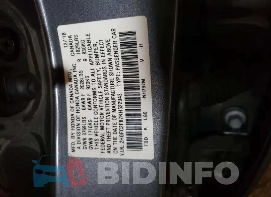 2HGFC2F87KH522943 Photo# 13