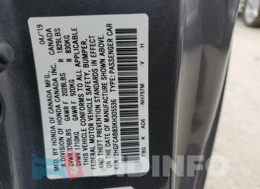 2HGFC4B83KH305536 Photo# 12