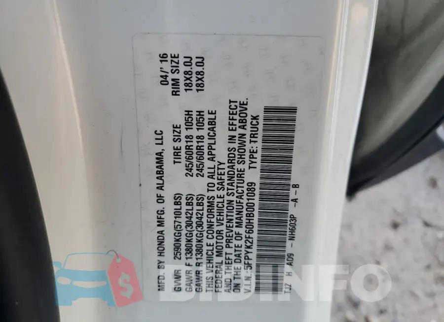 5FPYK2F60HB001089 Photo# 12