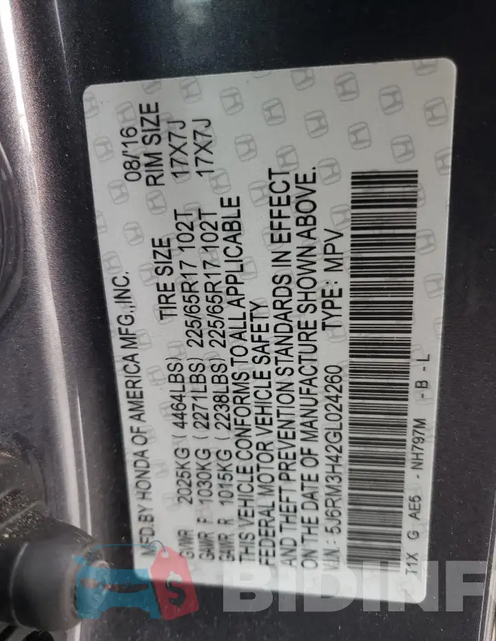 5J6RM3H42GL024260 Photo# 14