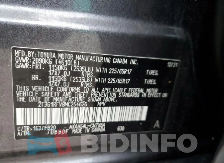 2T3G1RFV8MC254626 Photo# 12