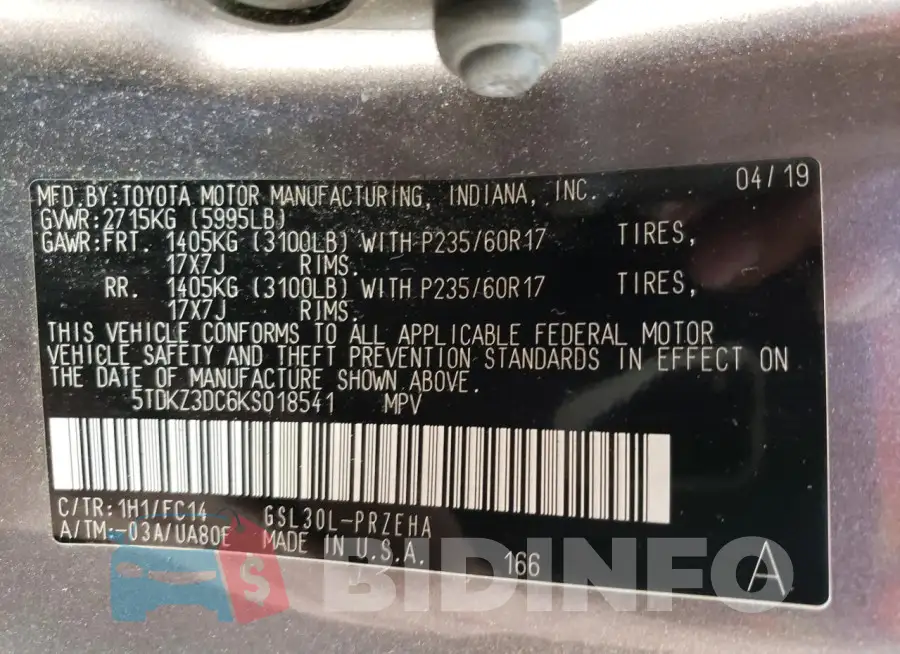 5TDKZ3DC6KS018541 Photo# 13