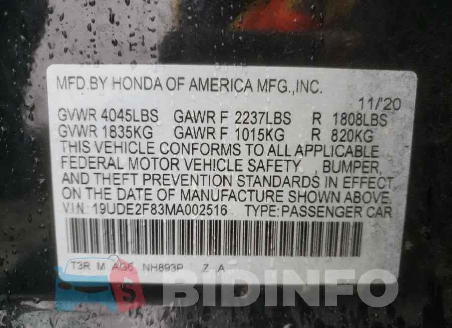 19UDE2F83MA002516 Photo# 13