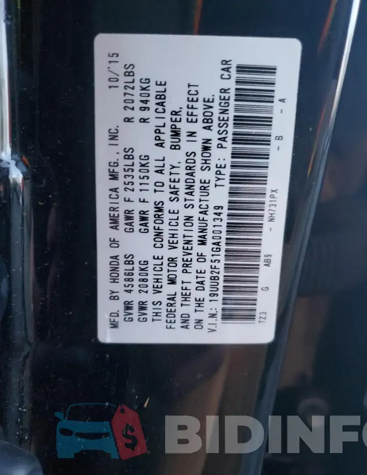 19UUB2F51GA001349 Photo# 12
