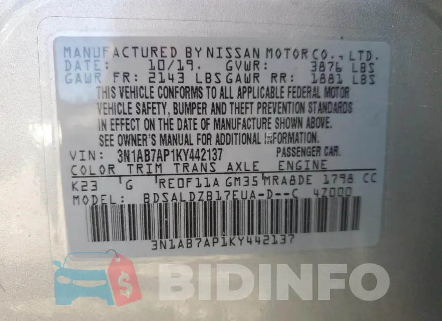 3N1AB7AP1KY442137 Photo# 12