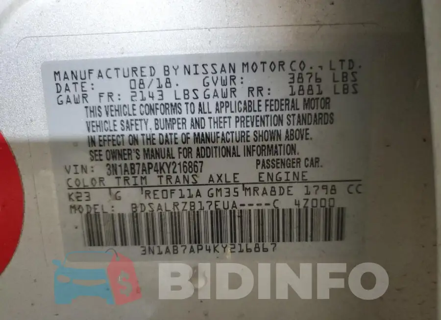 3N1AB7AP4KY216867 Photo# 13