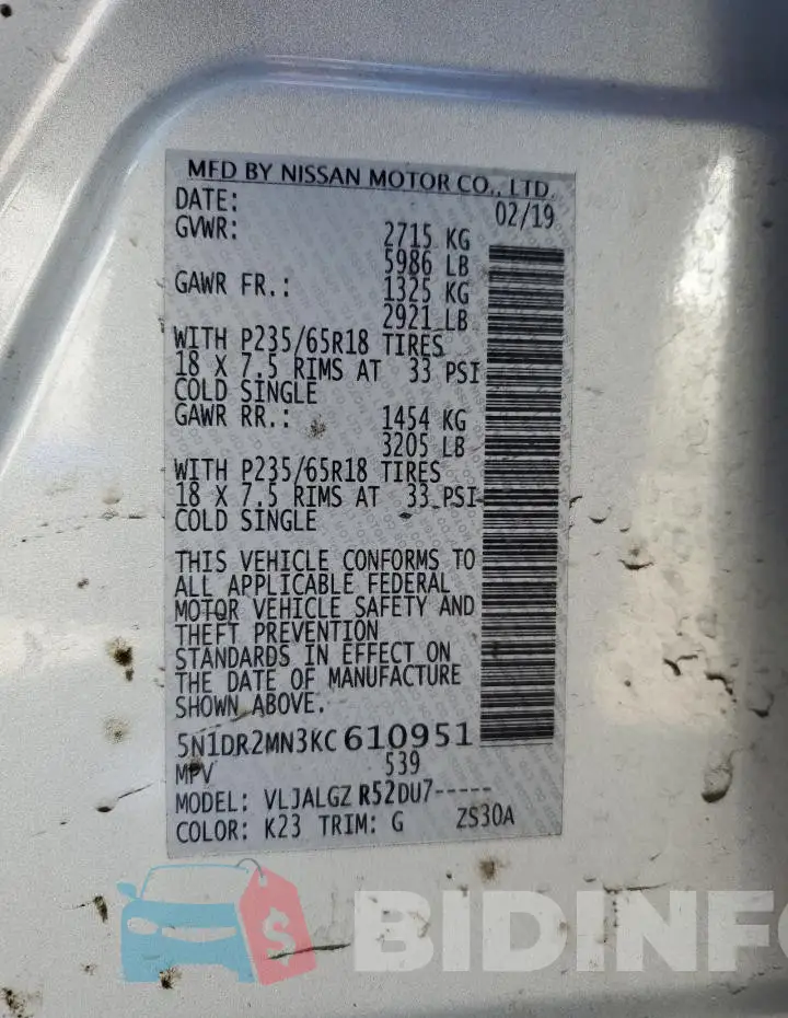 5N1DR2MN3KC610951 Photo# 14