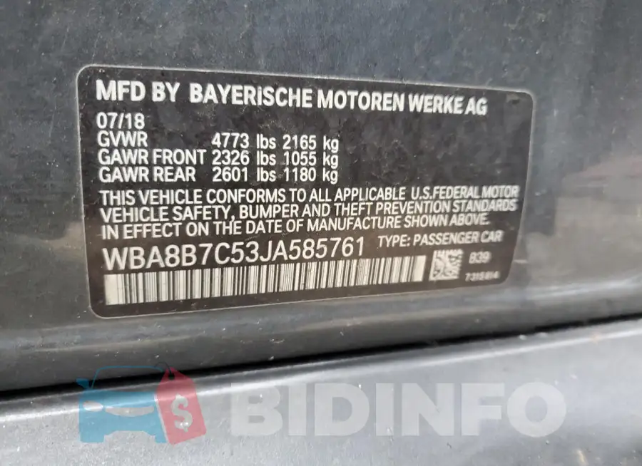 WBA8B7C53JA585761 Photo# 12