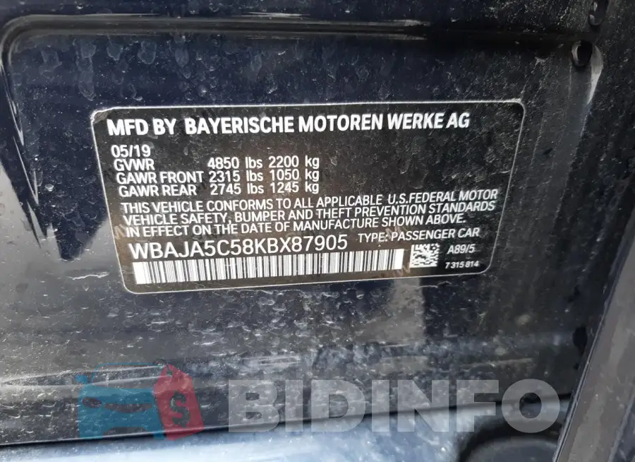 WBAJA5C58KBX87905 Photo# 13