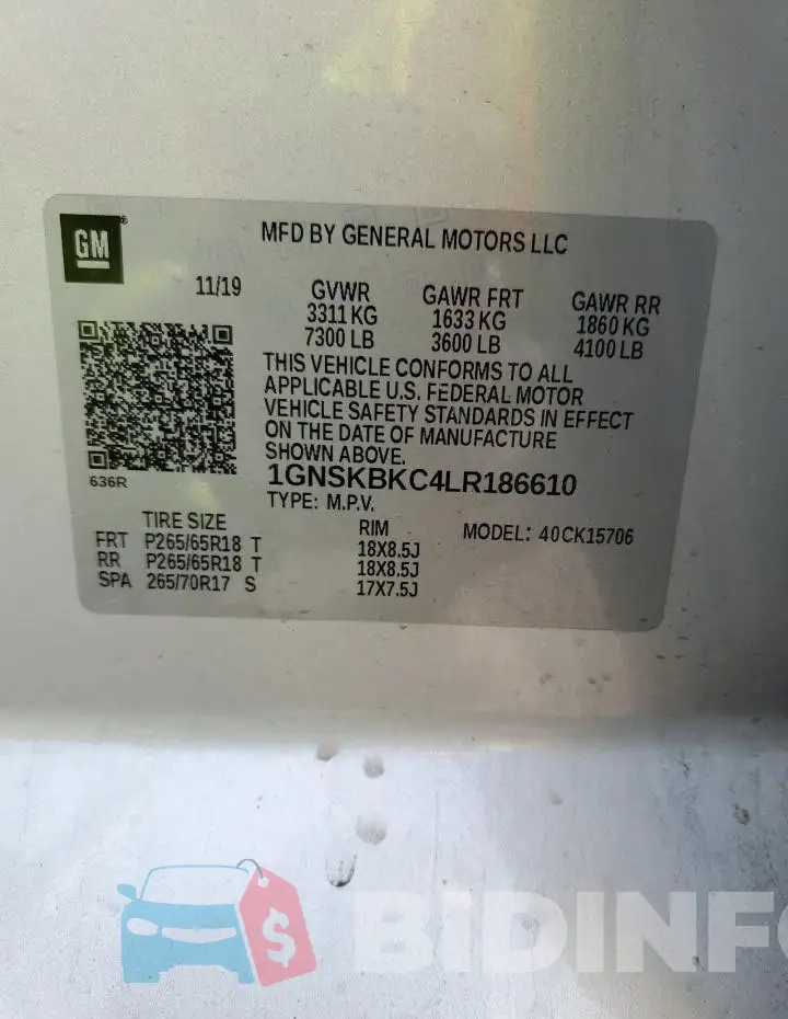 1GNSKBKC4LR186610 Photo# 13
