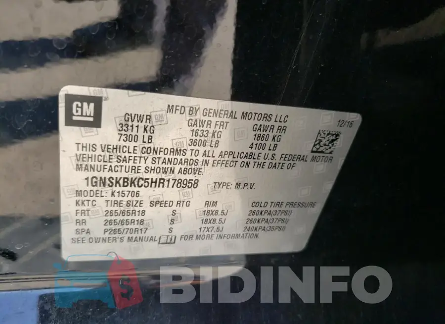 1GNSKBKC5HR178958 Photo# 13