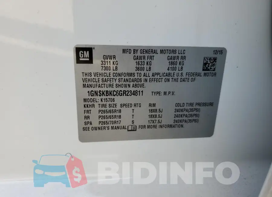 1GNSKBKC6GR234811 Photo# 12
