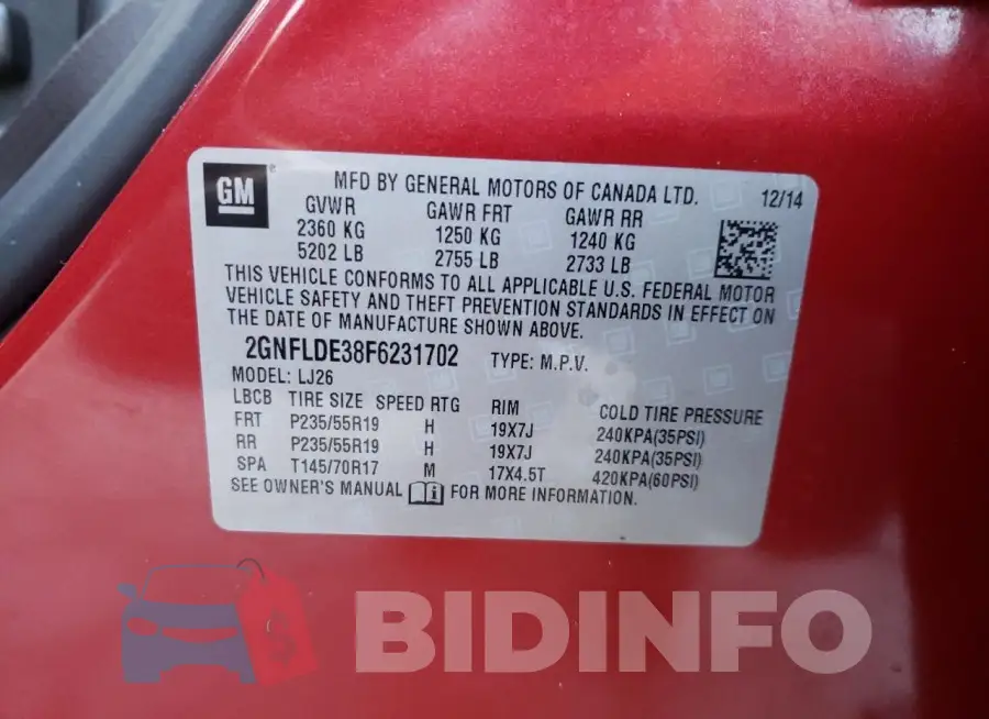 2GNFLDE38F6231702 Photo# 13