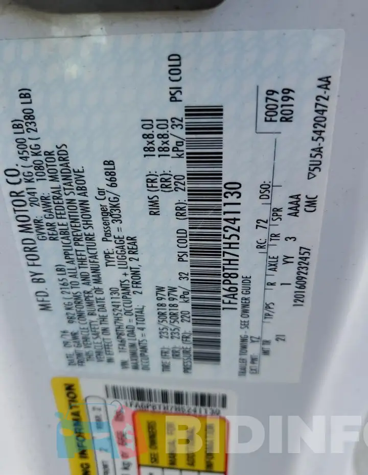 1FA6P8TH7H5241130 Photo# 12