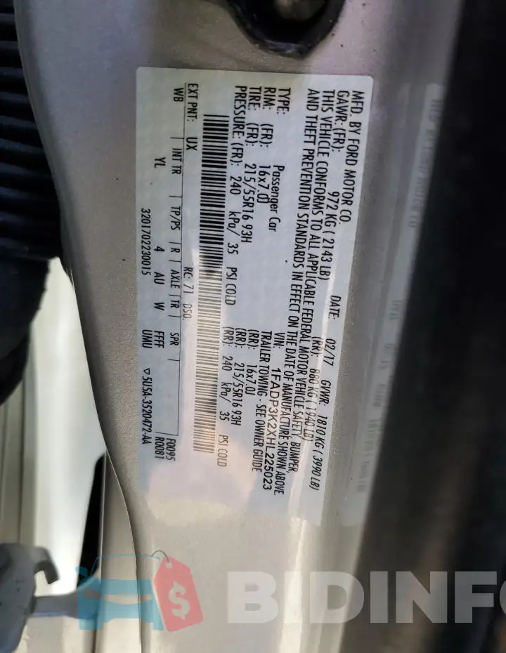 1FADP3K2XHL225023 Photo# 13