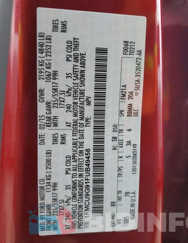 1FMCU9G91FUB49458 Photo# 12