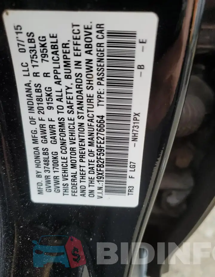 19XFB2F59FE276664 Photo# 12