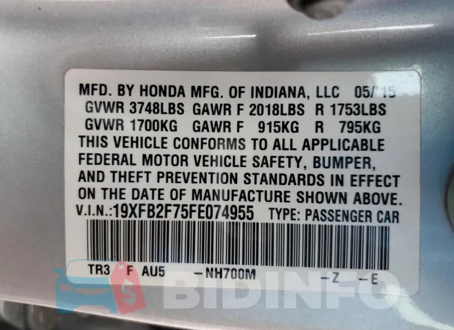 19XFB2F75FE074955 Photo# 12