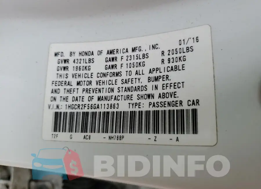 1HGCR2F56GA113863 Photo# 12