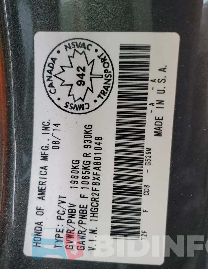 1HGCR2F8XFA801048 Photo# 12