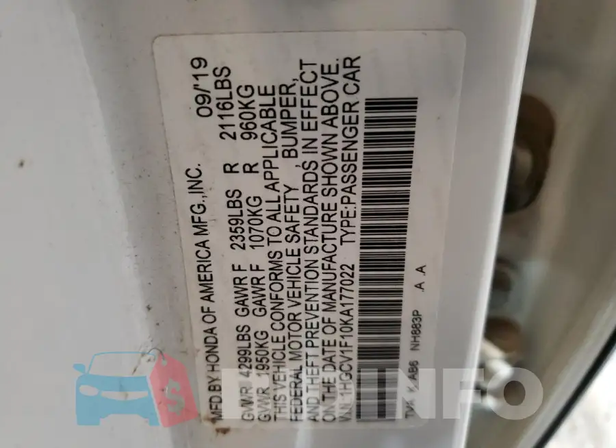1HGCV1F10KA177022 Photo# 12