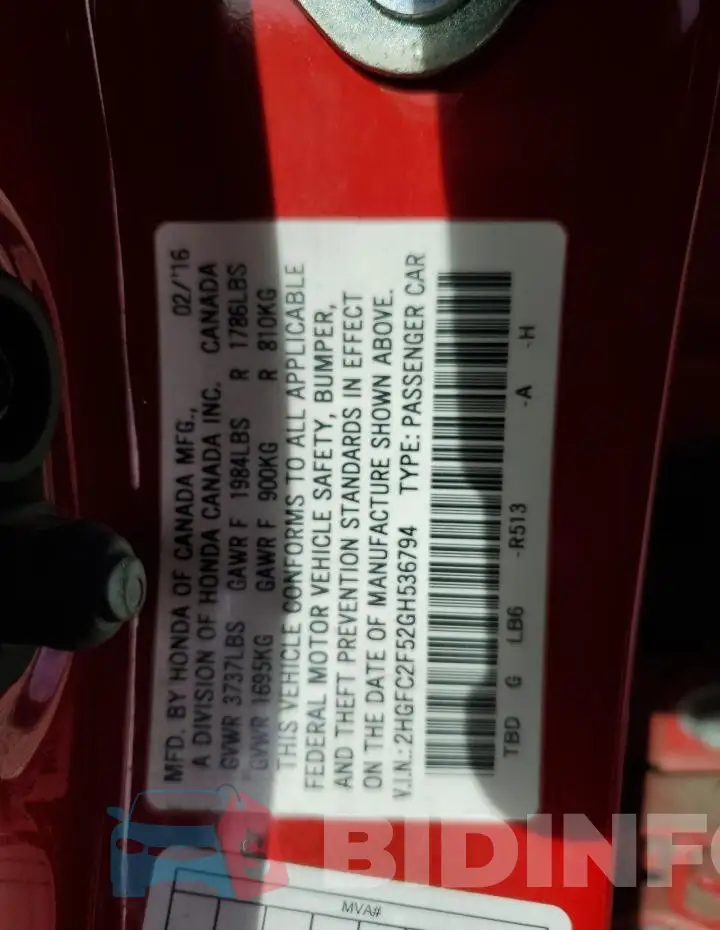 2HGFC2F52GH536794 Photo# 12